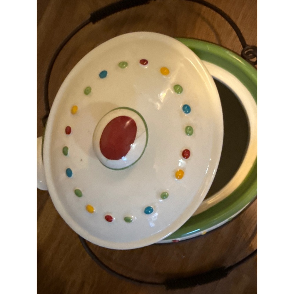 Multicolor Striped Ceramic Bean Pot Tureen with Lid and Metal Wire Basket Carry - Picture 5 of 6